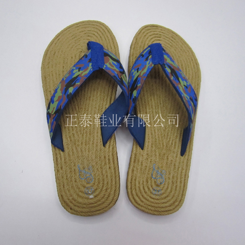 Customized Women's New Navy Blue Camouflage Cloth with Hemp Rope Bottom Eva Flip-Flops Beach Casual Sandals