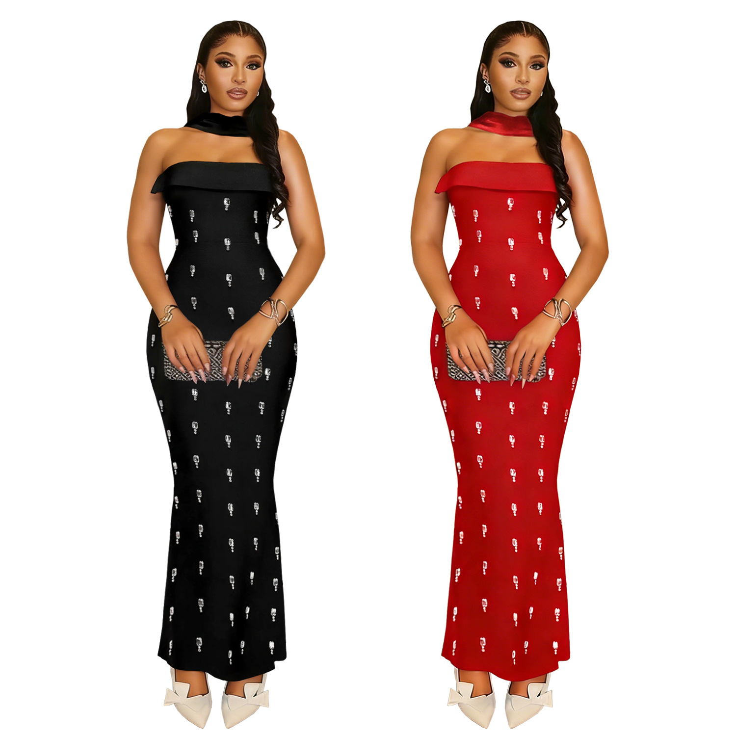 C7626 Aliexpress transfronterizo amazon ropa de moda europea y americana de mujer elegante con un conjunto de vestidos de cuerda de perforación caliente