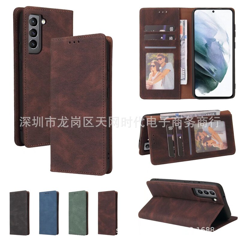 For Samsung S22ultra solid color ultra-thin magnetic protective case note20 flip bracket leather case 21 mobile phone case