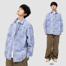ATBORDER2024春季日系长袖格子衬衣拼接翻领口袋设计感宽松衬衫男