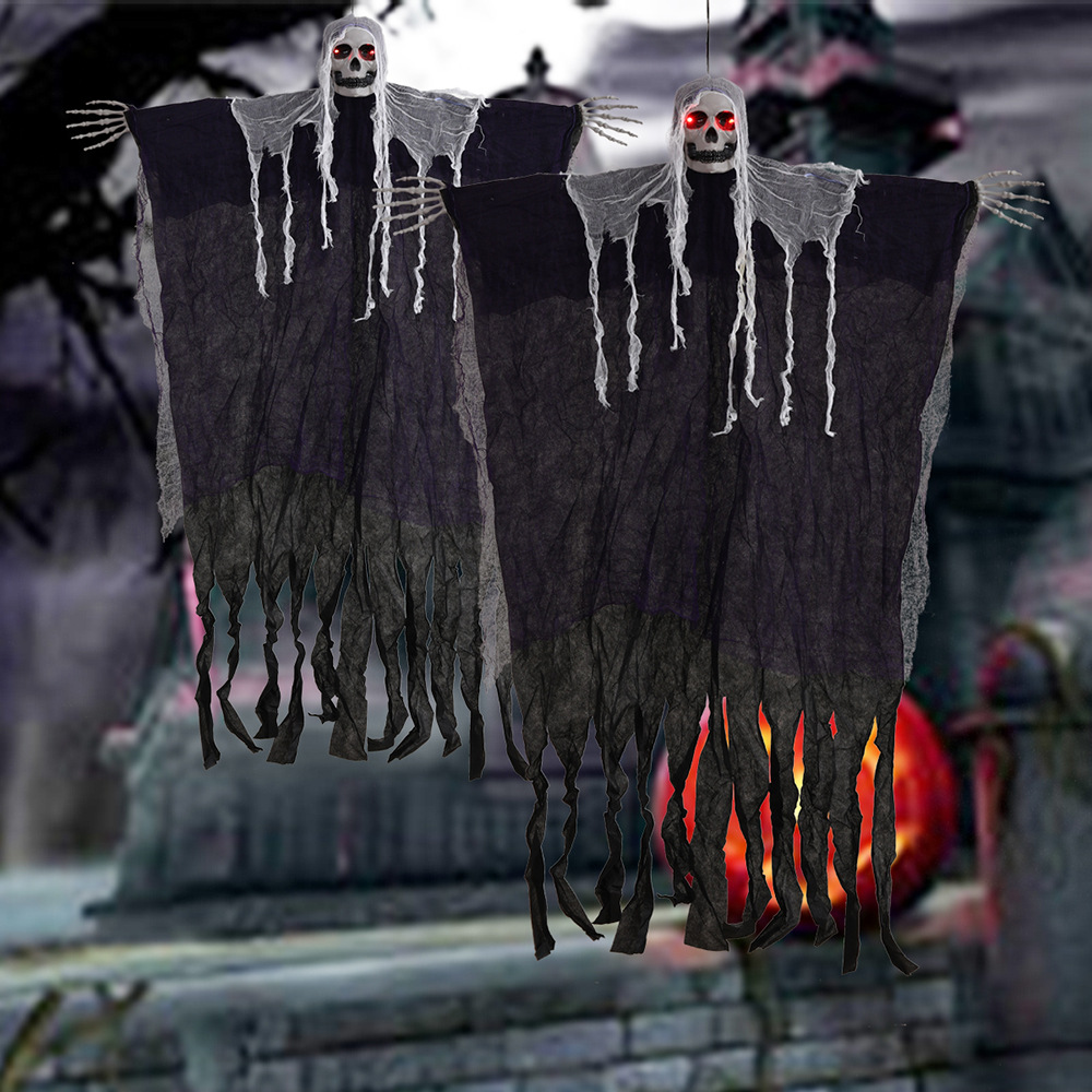 Decoración de Halloween colgando grandes accesorios de diseño fantasmas colgando esqueletos de control de sonido luminoso colgando fantasmas habitaciones secretas suministros de casa embrujada