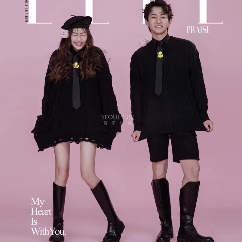 (2개) 새로운 사진 스튜디오 커플 테마 사진 촬영 의류 여성 가을, 겨울 검은 스웨터 패션 잡지 스타일 사진 드레스