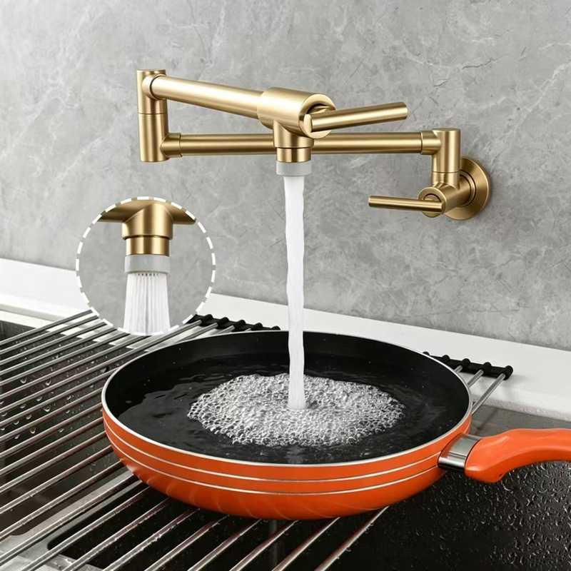 Kitchen Stove Folding Faucet Brushed All-Copper Soup Pot Wall-Mounted Retractable Universal Foldable Faucet