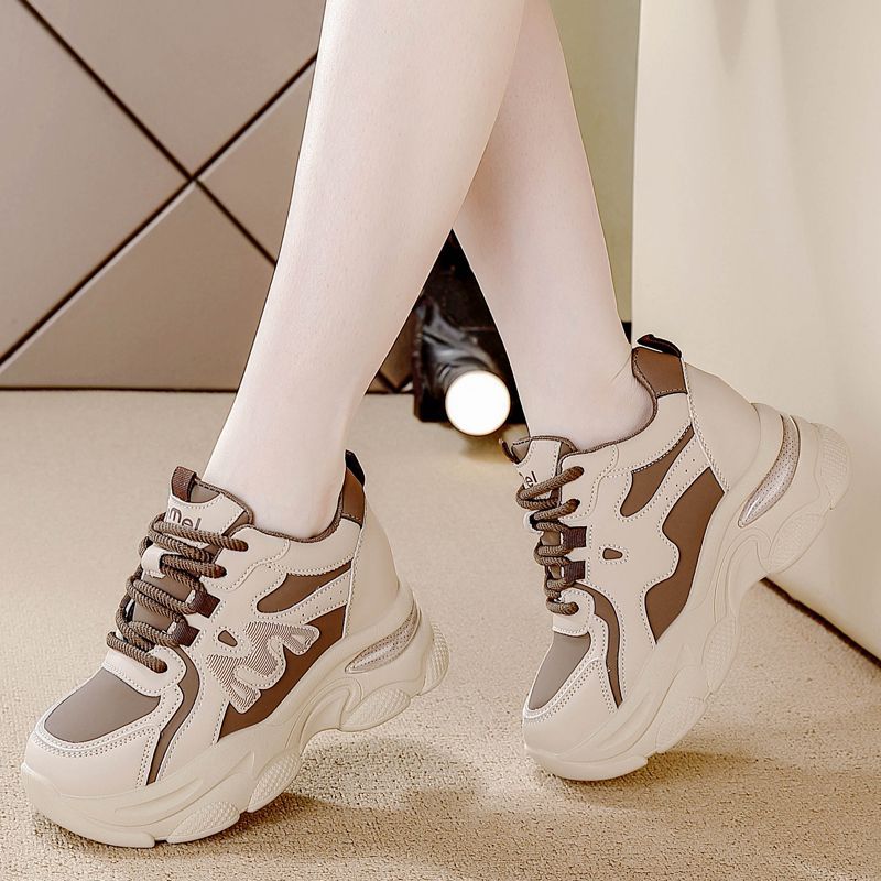 Women's Shoes 2025 New Height-Increasing Spring and Autumn Versatile White Shoes Soft Leather Height-Increasing Sports Thick-Soled Casual Dad Shoes for Women