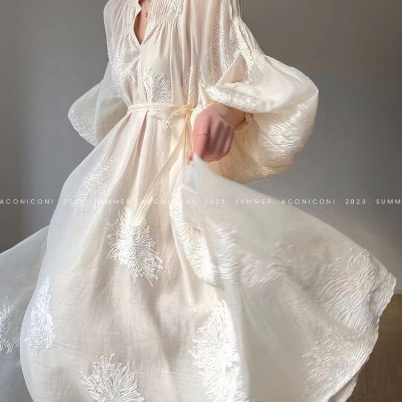 フランス刺繍レトロヘビーデューティドレスランタン新2025ルーズスリムロングスカート妖精ドレス|undefined