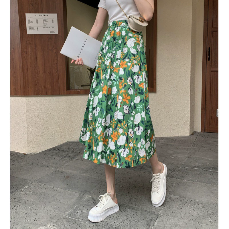2022, хлопковая и льняная плиссированная юбка-зонтик в стиле Хепберн для женщин, юбка средней длины с высокой талией, юбка с цветочным принтом