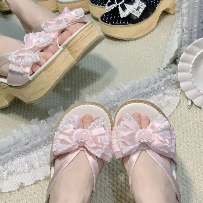 昭和女子 星野あかり リボン木目 厚底 和風太ヒール下駄 クロススリッパ|undefined
