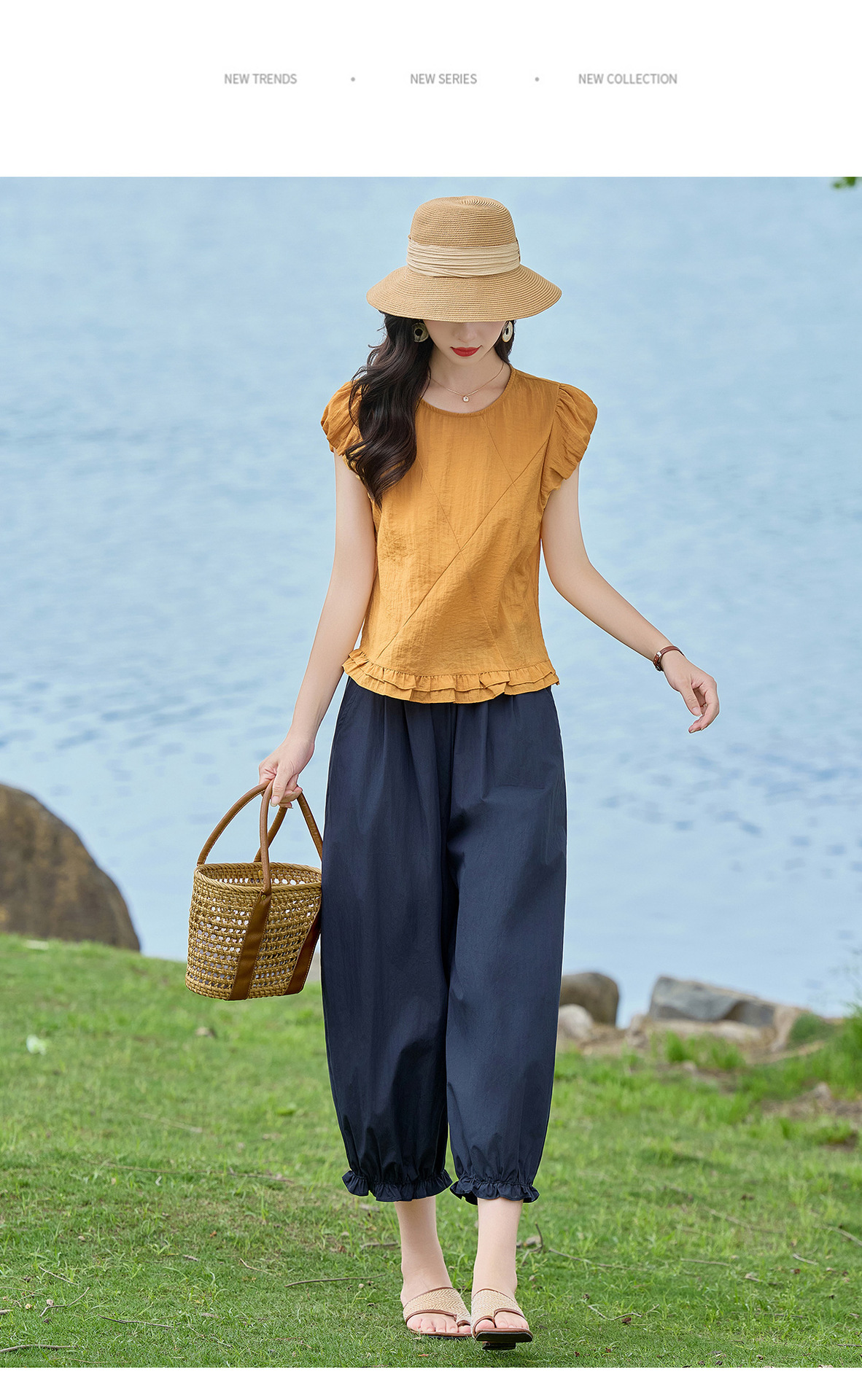 Bộ áo thun cổ tròn tay ngắn + quần ống rộng nữ 2 món mùa hè — màu sắc, màu xanh hồ chi tiết 22