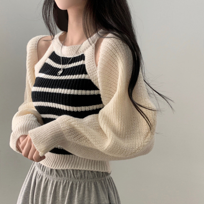 甜辣妹秋季套裝女蝙蝠袖毛衣坎肩開衫外套條紋針織吊帶背心兩件套