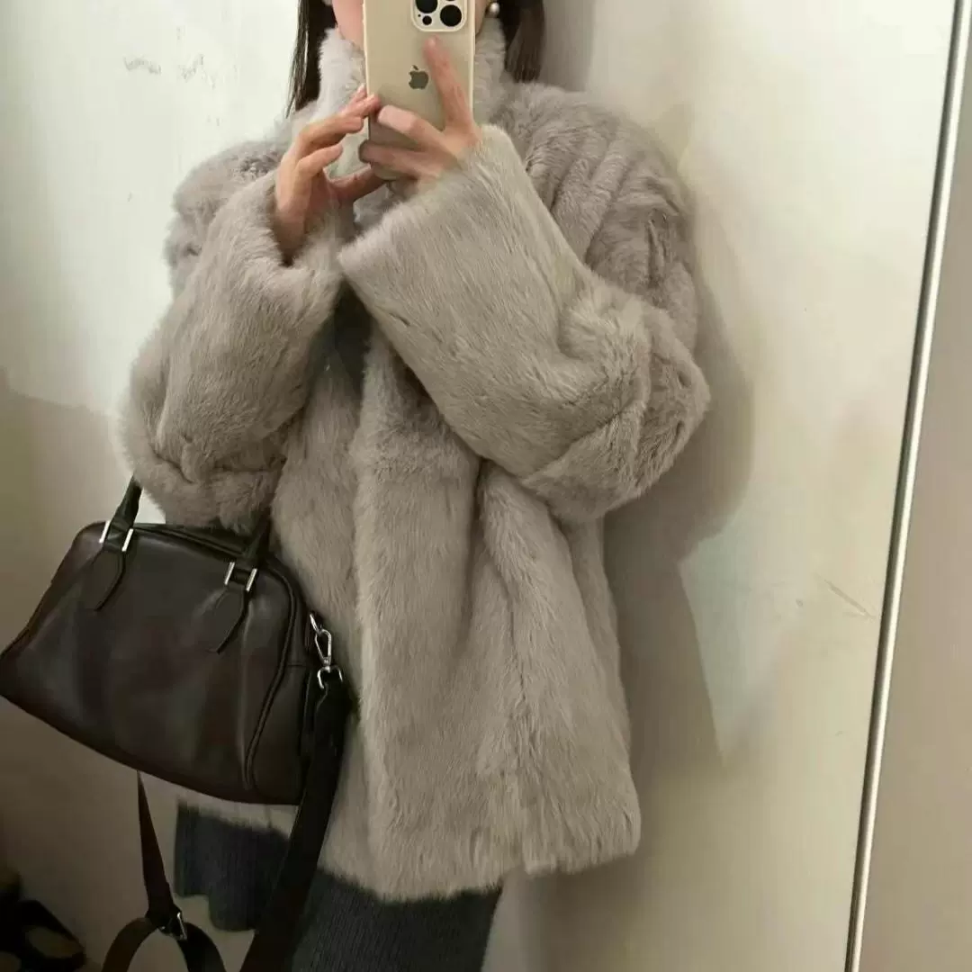 韩国东大门2025新款兔毛皮草外套女宽松显瘦立领加厚保暖毛毛外套