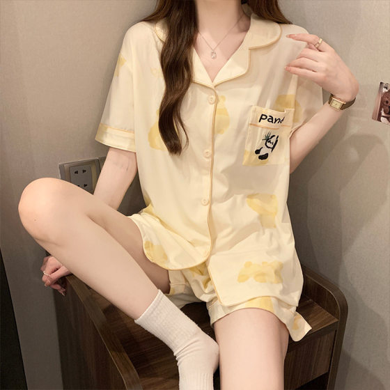 in stock hair Z10362#(M-2XL) cloud cotton pajamas women's summer short sleeve cardigan lapel loose three pieces
