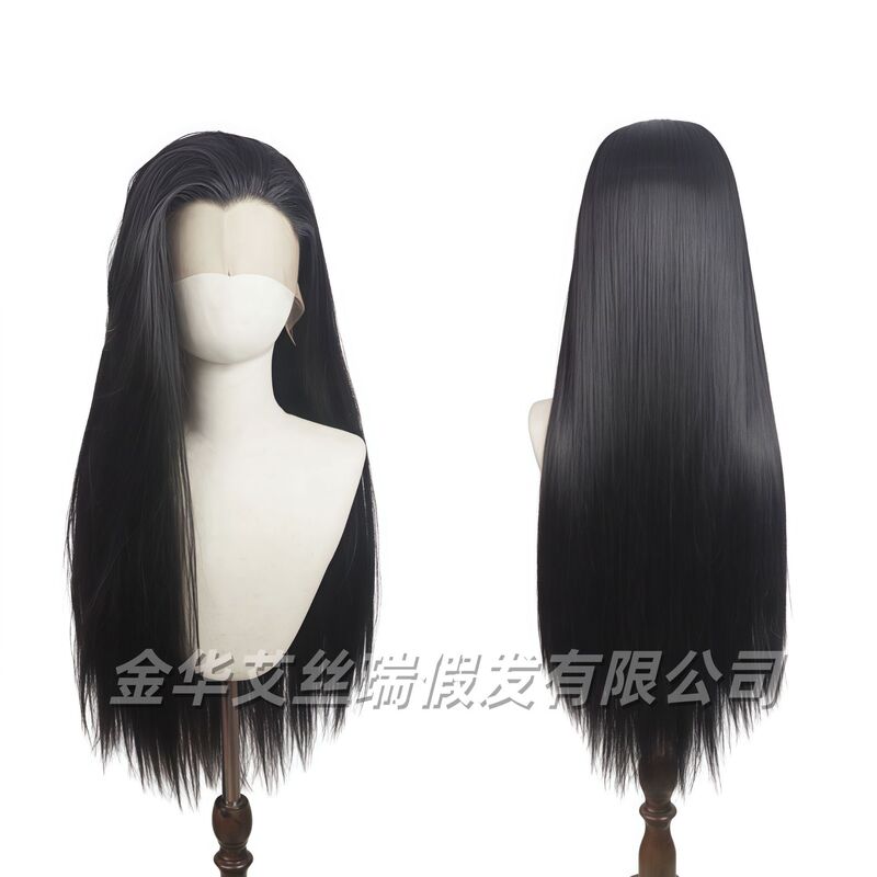 Film and Television Anime Ancient Costume Beauty Lace Hand-Crocheted Wig Black Front Three-Pointed Straight Hair Elastic Net Large Head Circumference