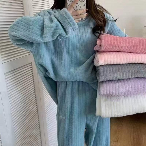 秋冬季珊瑚绒睡衣套装女加绒加厚家居服时尚可外穿法兰绒开衫睡袍|undefined