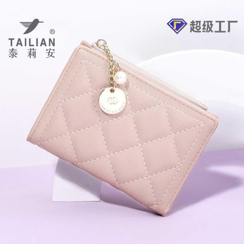 Terian lindo monedero corto de las mujeres ins bordado hilo estilo chanel pu perla colgante niñas monedero al por mayor