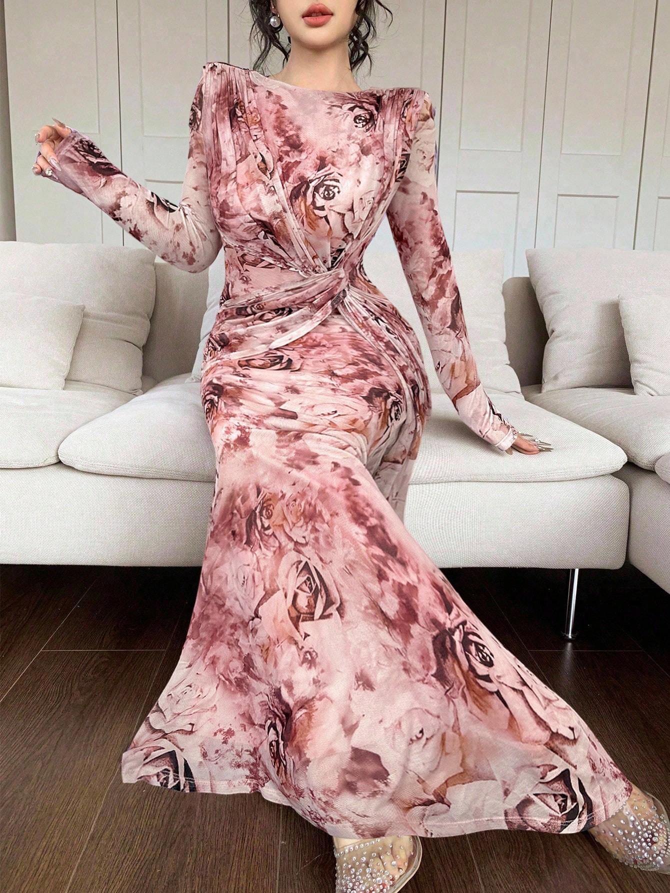 Summer Women's U Neck Long Sleeve Patchwork Slim Fit Printed Maxi Dress_ecoleips.com