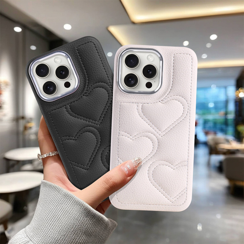 For Apple 16 PU Leather Phone Case Love iPhone 15Promax Car Line 14 Hardware Frame 13 Leather Case
