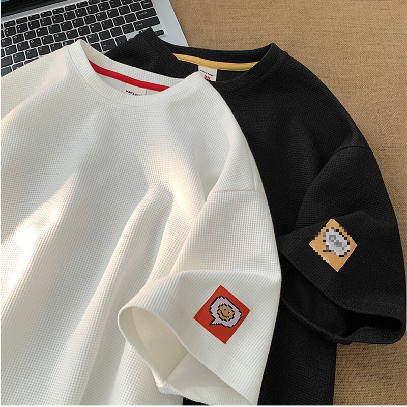 Summer Waffle Short-sleeved T-shirt Men's Korean-style Trendy Half-sleeved Loose Round Neck Top for Boys All-match Small Shirt