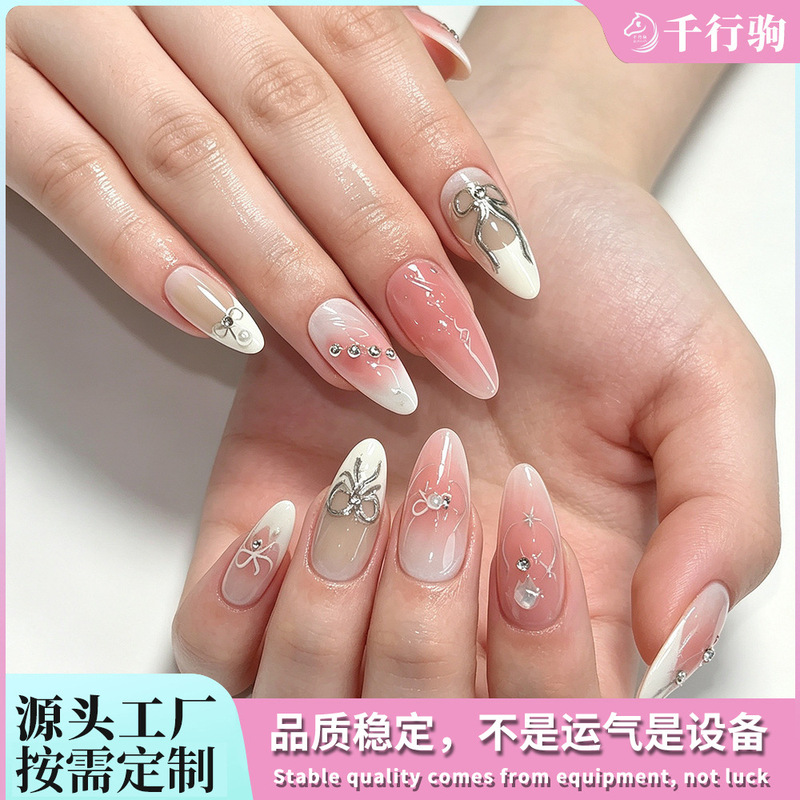 Customized manicure nail tips, long style, pure and desirable green gradient with glitter, wearable fake nail patches Customized manicure nail tips, long style, pure and desirable green gradient with glitter, wearable fake nail patches