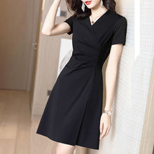 黑色连衣裙女2024新款夏季气质领高档小个子遮肚修身显瘦小黑裙