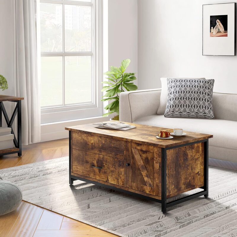 Cross-Border Sofa Console Table, Coffee Table with Adjustable Height, Storage Drawers, and Hidden Compartment Barn Door Cabinet