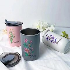日本製コーヒーカップ、軽い高級感と高級感、誕生花コーヒーカップ、蓋付き高級ステンレス製直飲み魔法瓶カップ
