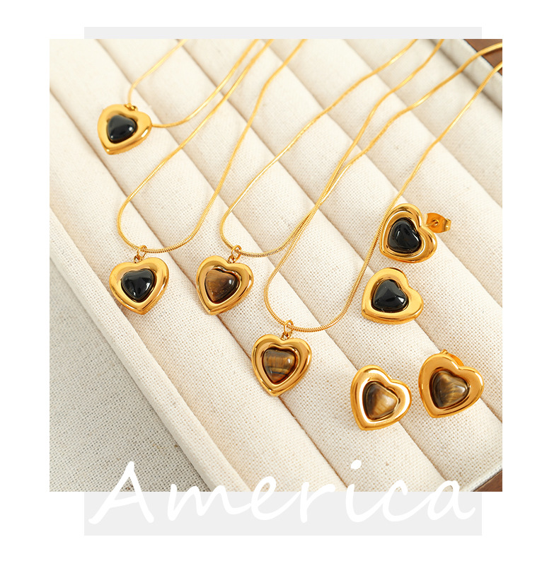 9g Weight Natural Stone, Glass Inlay Material Earrings, Necklace Classification Holiday, Daily Occasion 304 Stainless Steel Material Heart Shape Pattern Women's Gender Inlay Design Simple Style Style Wholesale Jewelry Simple Style Heart Shape 304 Stainless Steel Natural Stone Glass Inlay Earrings Necklace 无