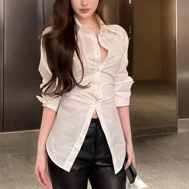 "Flower Shan Shan's Same Style" Super Sexy and Stylish White Shirt with Back Tie and Waist-Cinching Design