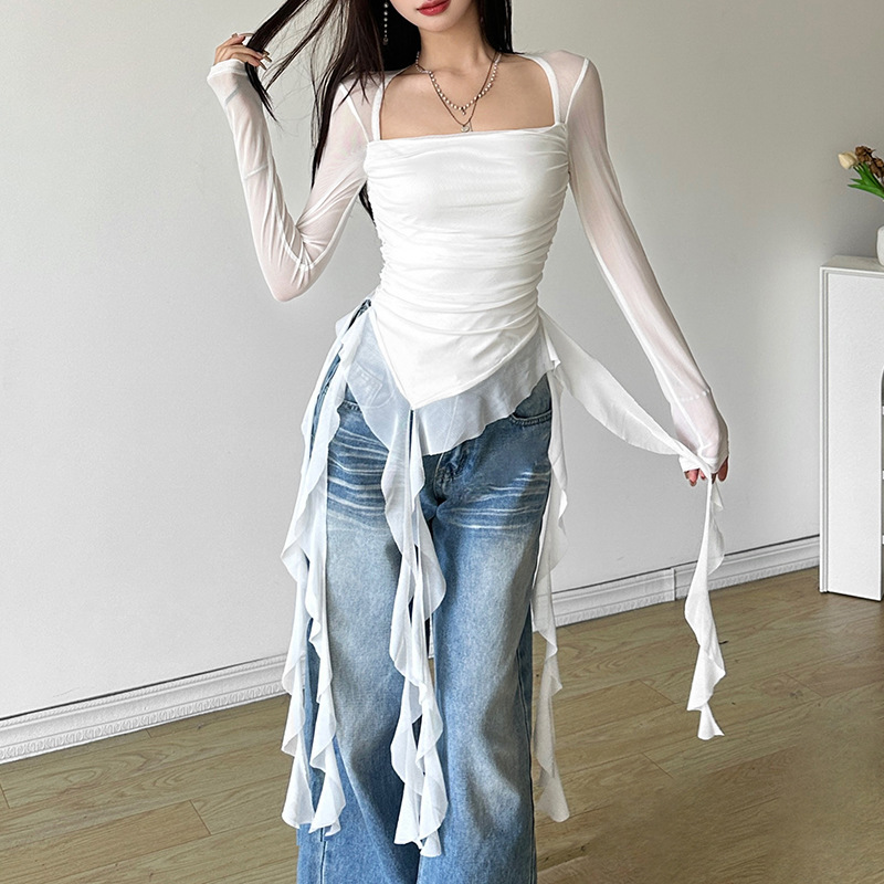 Cross-border 2024 autumn new women's hot girls sexy square collar perspective slim top ruffled irregular T-shirt