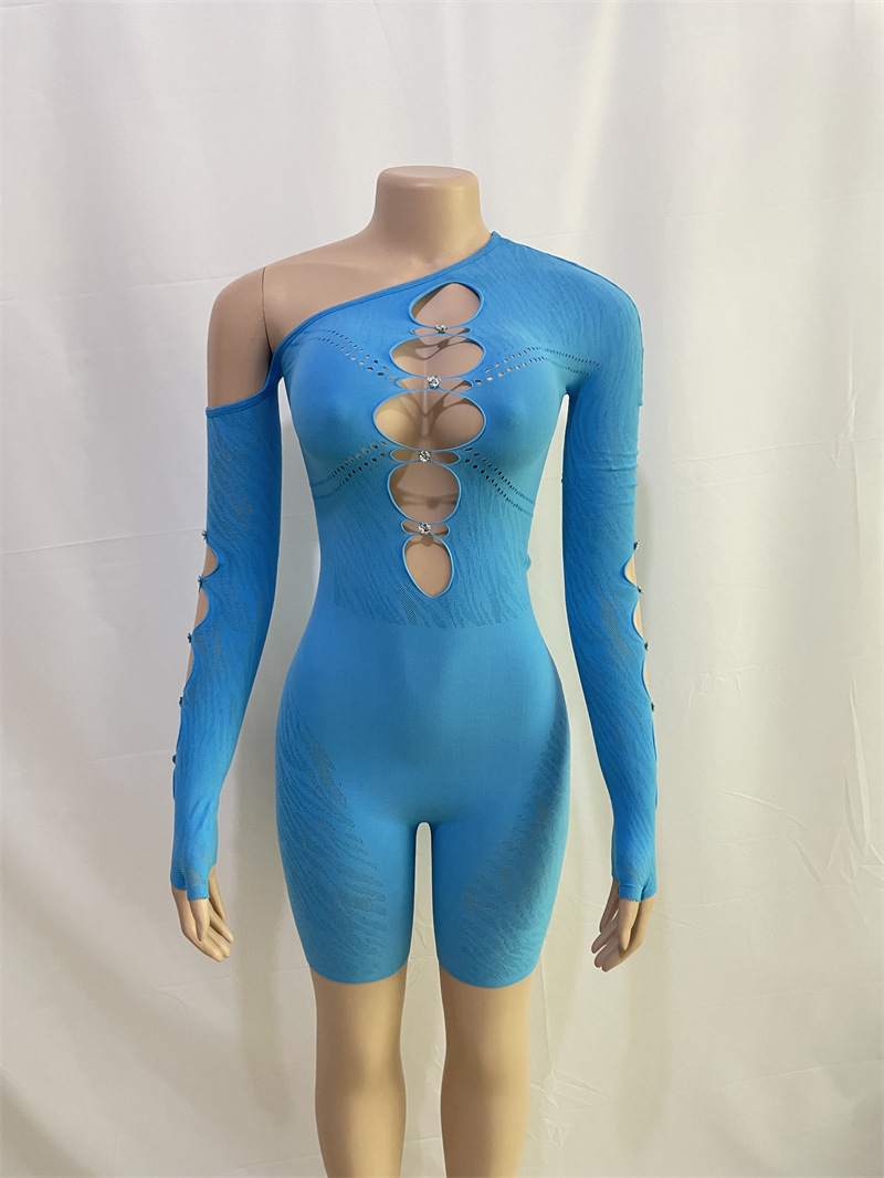 Solid Color Diagonal Shoulder Long Sleeve Diamond Hollow Out Cutout Sexy Slim Fit Romper