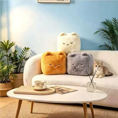 Nosey Bear Lamb Wool Cat-Shaped Moldy Tofu Plush Pillow Cute Cushion Sofa Living Room Decorative Doll Pillow