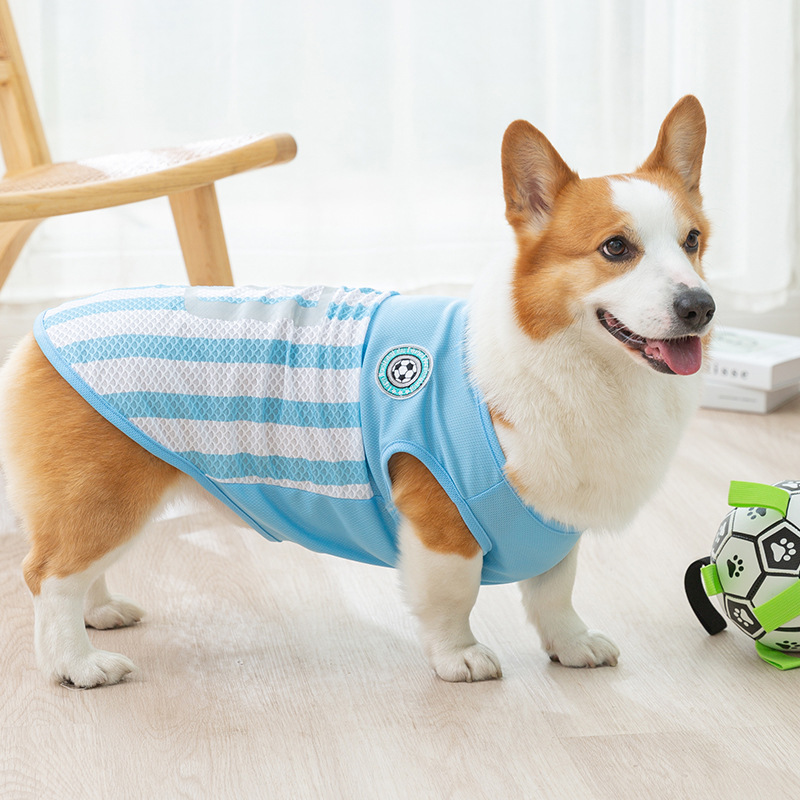 Verano Corgi deportes estilo fútbol rayas chaleco mediano y pequeño perro pájaro ojo Malla tela transpirable ropa de verano para mascotas