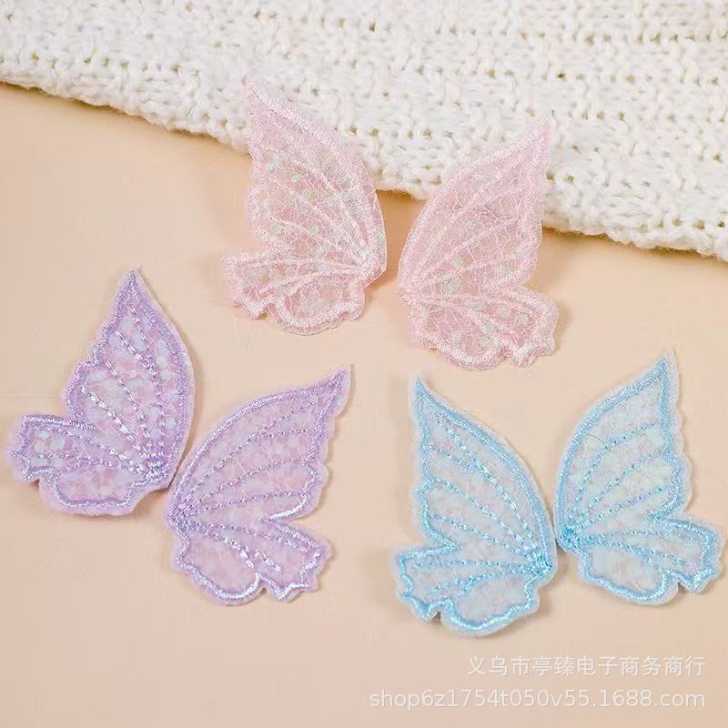 Ancient style 5*7cm lace half-wing butterfly flower patch with laser sequins, embroidered wing applique, handmade hair accessory