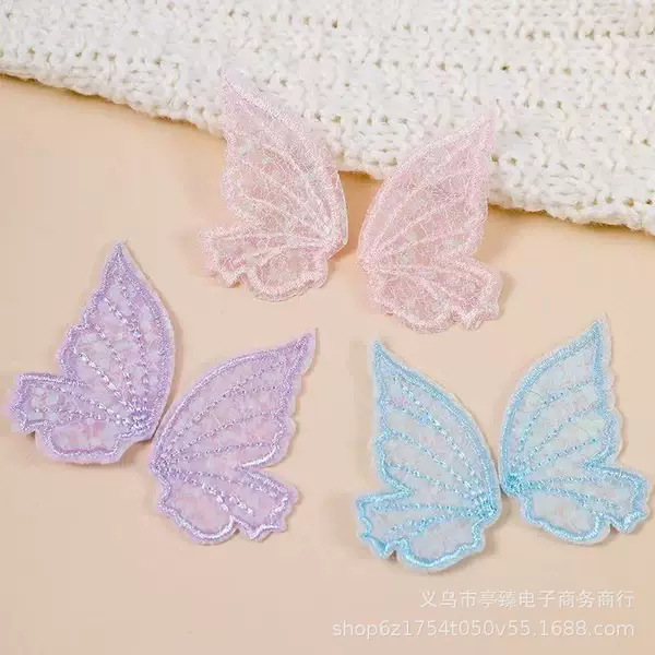 Ancient style 5*7cm lace half-wing butterfly flower patch with laser sequins, embroidered wing applique, handmade hair accessory