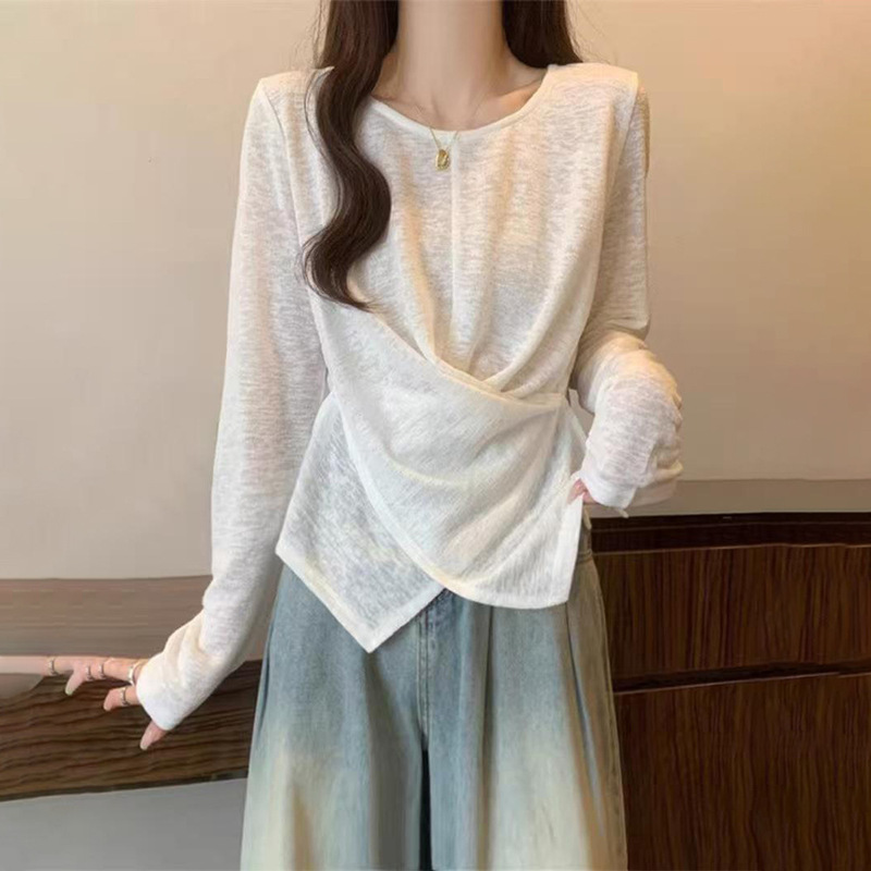 New Solid Color Long-Sleeve Cross-Border Design with Irregular Light Luxury Style, Slimming Summer T-Shirt, Simple and Slim-Fit Thin Top New Solid Color Long-Sleeve Cross-Border Design with Irregular Light Luxury Style, Slimming Summer T-Shirt, Simple and Slim-Fit Thin Top