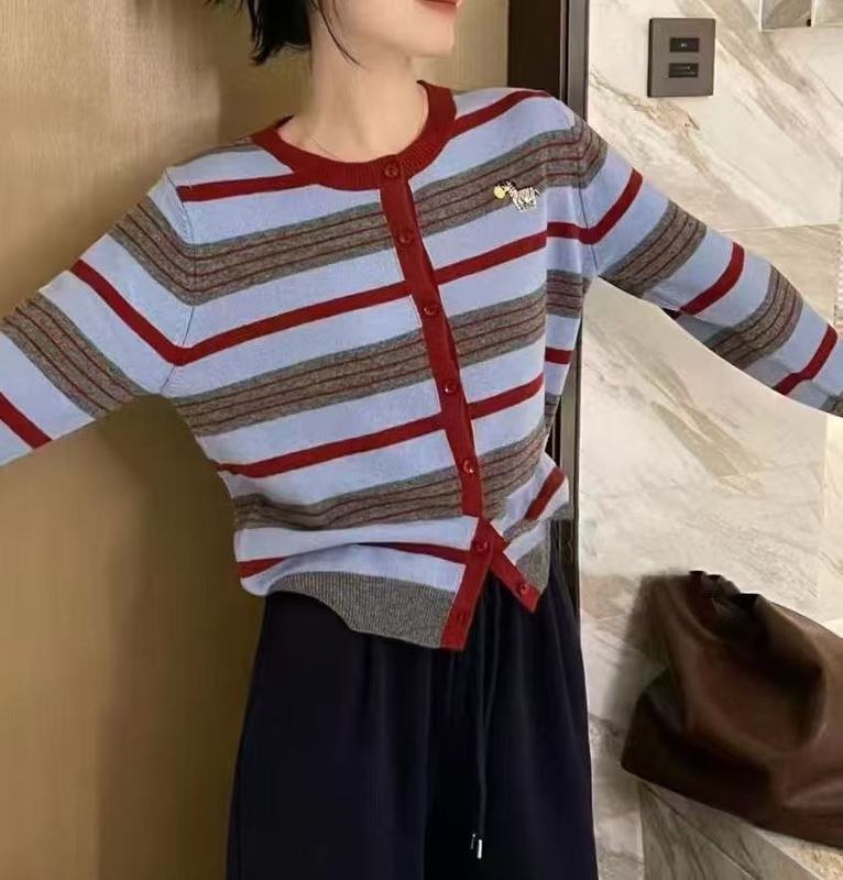 韩系条纹刺绣针织开衫外套女早秋穿搭设计感小众短款毛衣减龄上衣|undefined