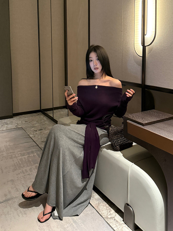 FOX ROOM 绑带一字领上衣女2025早秋新款气质露肩显瘦针织衫M004|undefined