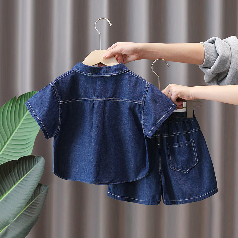 7214 Traje de verano de mezclilla para niños 2025 Nuevo vestido de verano Camisa delgada de manga corta Traje de dos piezas Ropa para niños queer de moda