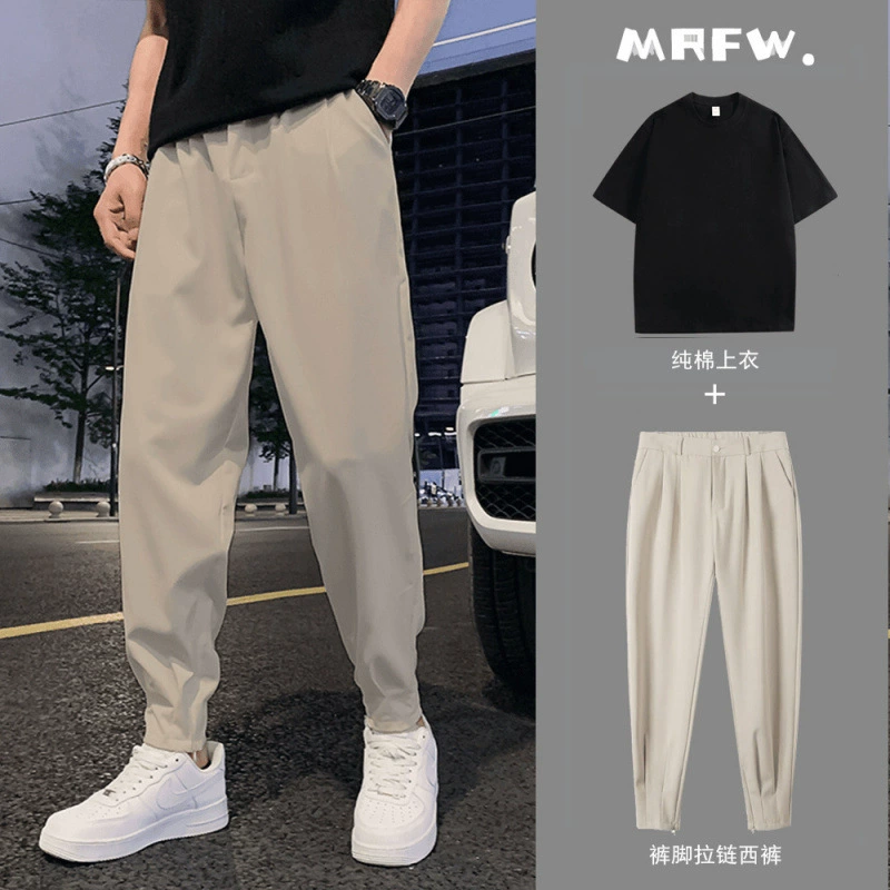 Модный мужской костюм летний тонкий костюм на молнии брюки хлопковая футболка мужские шаровары комплект из двух предметов