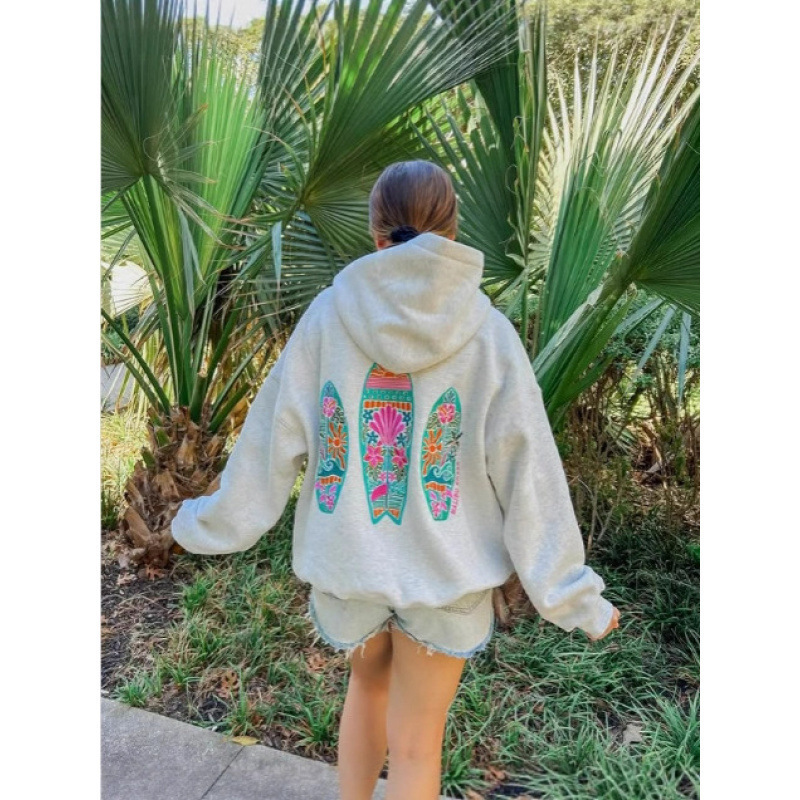 2025Hawaii Hibiscus Sweatshirt Ins Women's Dropped Shoulder Sleeves Threaded Hoodie Printed Thick