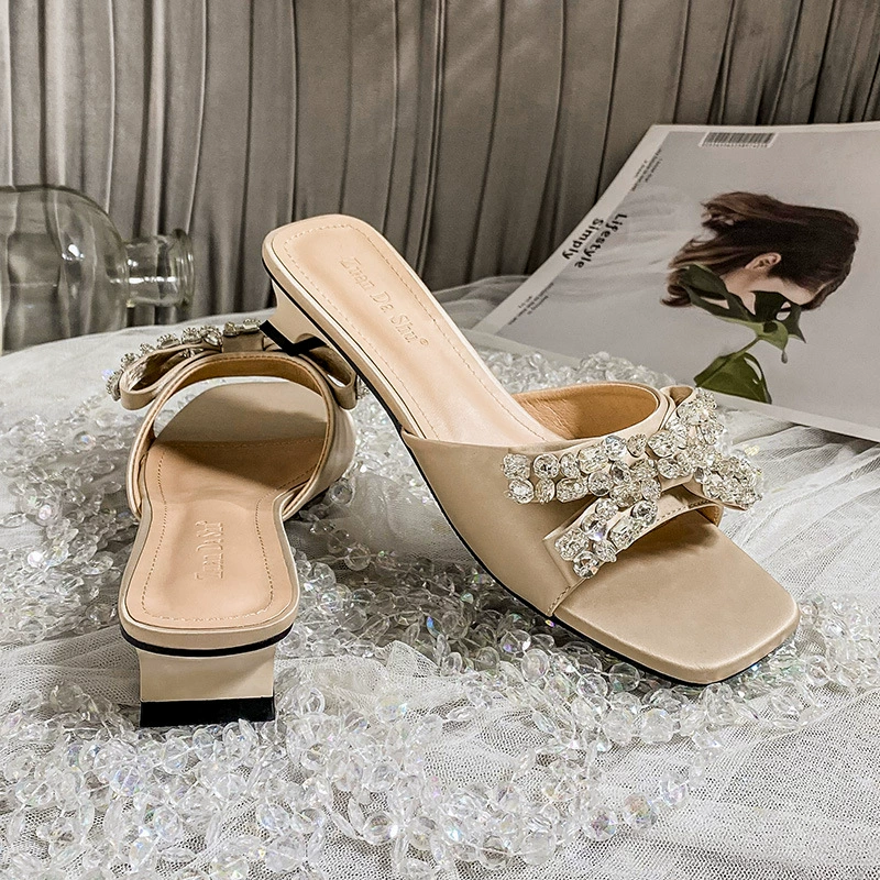 Новинка 2023 года, летние сексуальные женские босоножки на высоком каблуке с ромбовидным ремешком, босоножки на толстом каблуке с кристаллами для верхней одежды, большой размер от 41 до 43