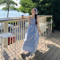 ブルーレトロライト大人スタイルノースリーブチェック柄サスペンダーチューブトップドレス女性の夏の痩身ウエストスカートロングスカート