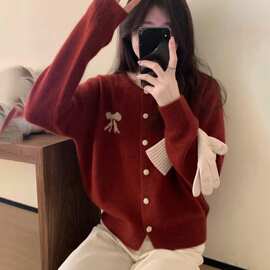 欧美亚马逊女装圆领系扣纯色蝴蝶结针织开衫秋冬通勤甜美毛衣外套