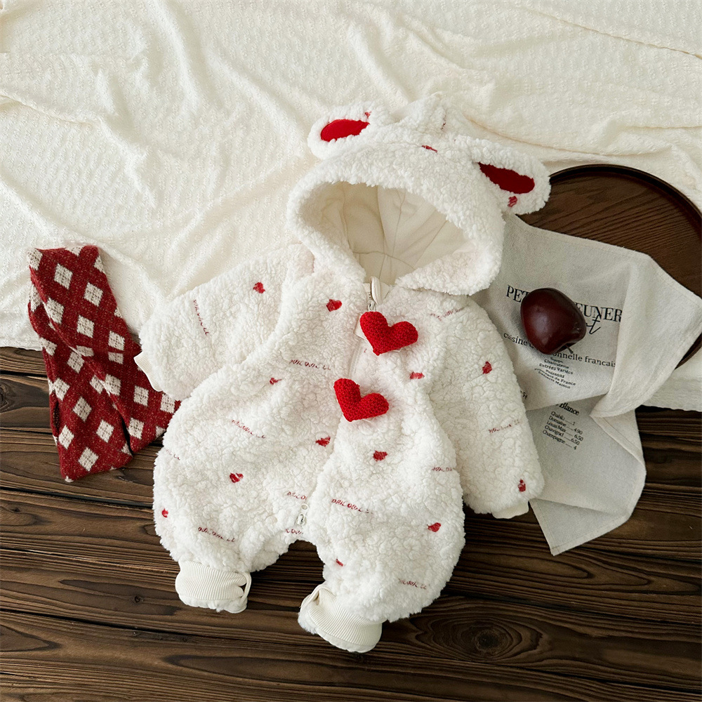 Nuevo producto ropa de invierno, bebé, amor, conejito, bebé cálido, mamelucos gruesos, luna llena, cien días, mamelucos peludos