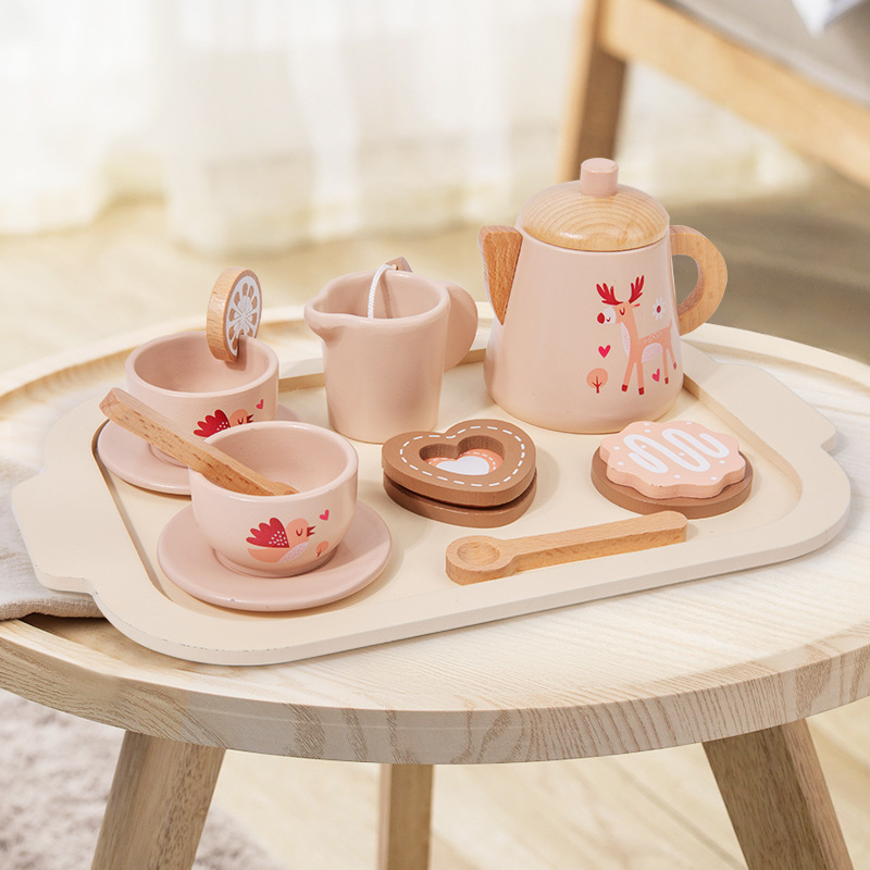 Simulación de jugar a la casa té de la tarde postre pastel tetera taza juego de té juguetes de madera juguetes de desayuno para niños
