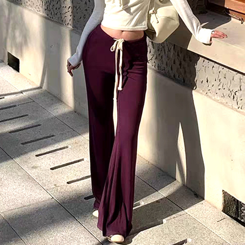 2025 New Hot Girl Sexy Low Waist Purple Casual Pants Women's Summer Thin Drawstring Soft and Plaid Flared Pants