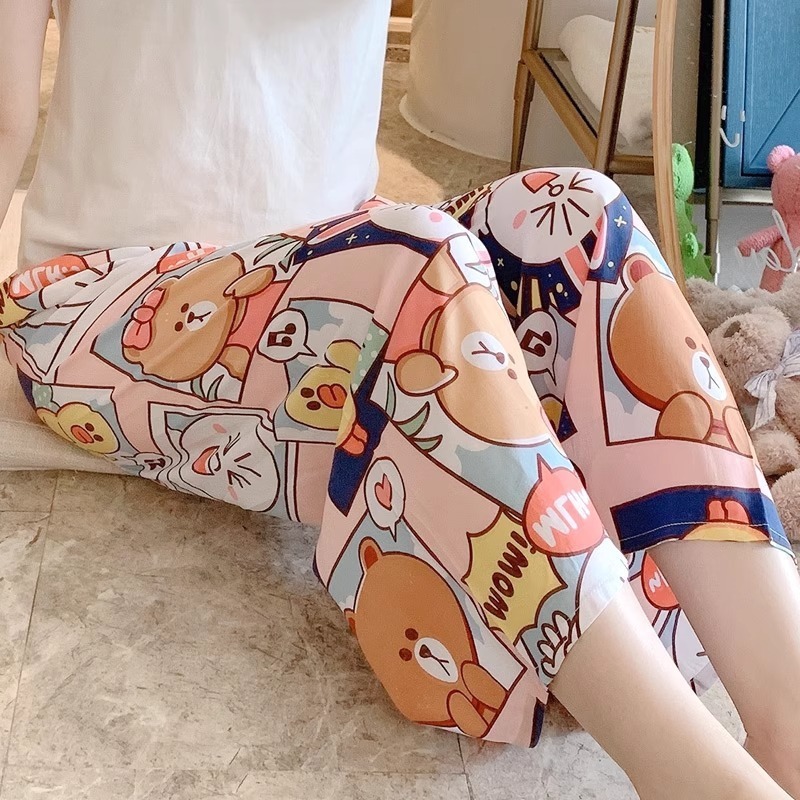 棉绸睡裤女士夏季薄款大码人造绵绸可外穿家居碎花长裤子直筒宽松|undefined