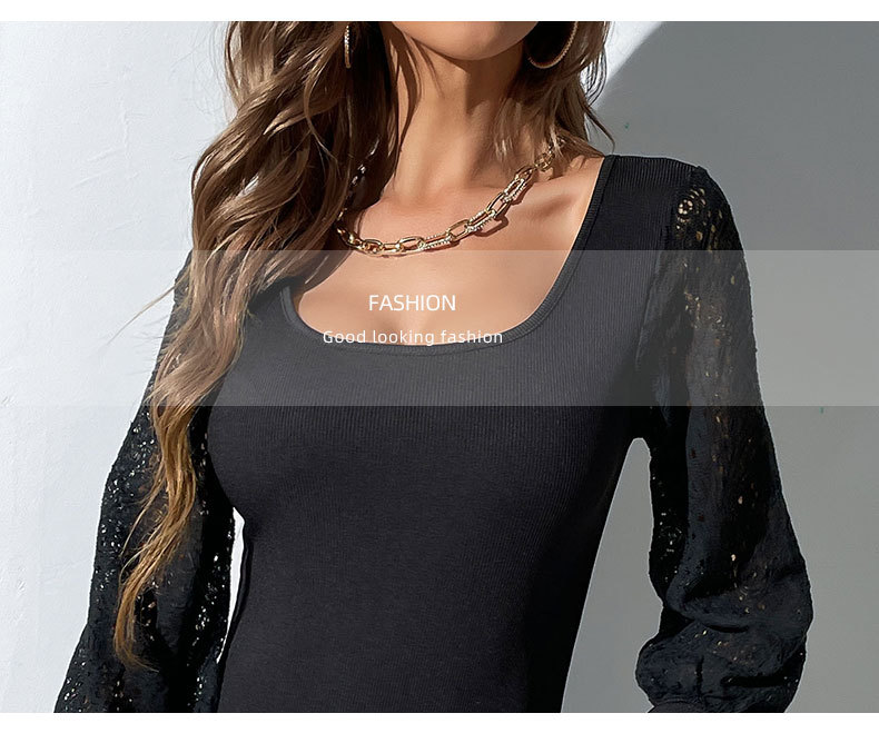 Solid Color Sim Fit Square Collar Lace Hollow Stitching Bodysuit_voghion.com