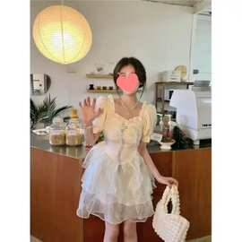 2024夏季公主裙甜美三层纱裙摆少女蓬蓬连衣裙蝴蝶结可拆