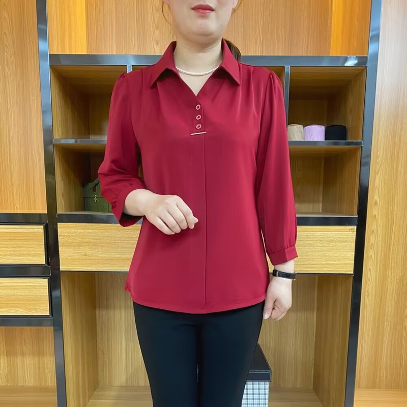 Mother's High-end Western Style All-match Solid Color Shirt plus size Loose Middle-aged and Elderly Women's Casual Breathable Nine-point Sleeve Shirt Mother's High-end Western Style All-match Solid Color Shirt plus size Loose Middle-aged and Elderly Women's Casual Breathable Nine-point Sleeve Shirt