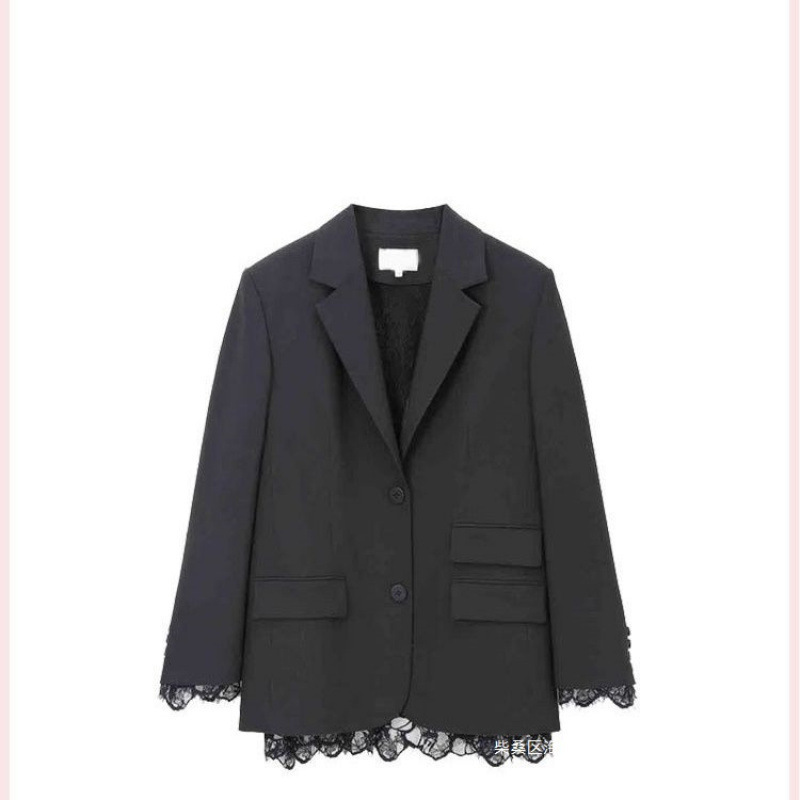Elegant and Romantic Design Lace Splicing Asymmetrical Hem Suit 2025 Early Spring Lazy Elegant Jacket for Women Black